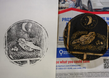 A high school intern's final print alongside their wood engraved piece.